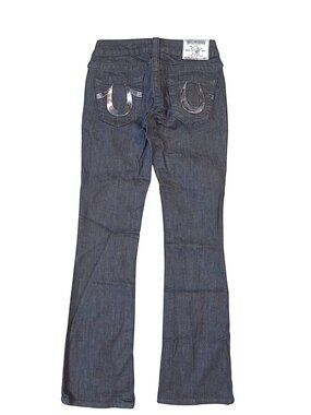 True Religion Size 25 x 31 Dark Blue Bootcut Denim Jeans w/ Sequence detailing